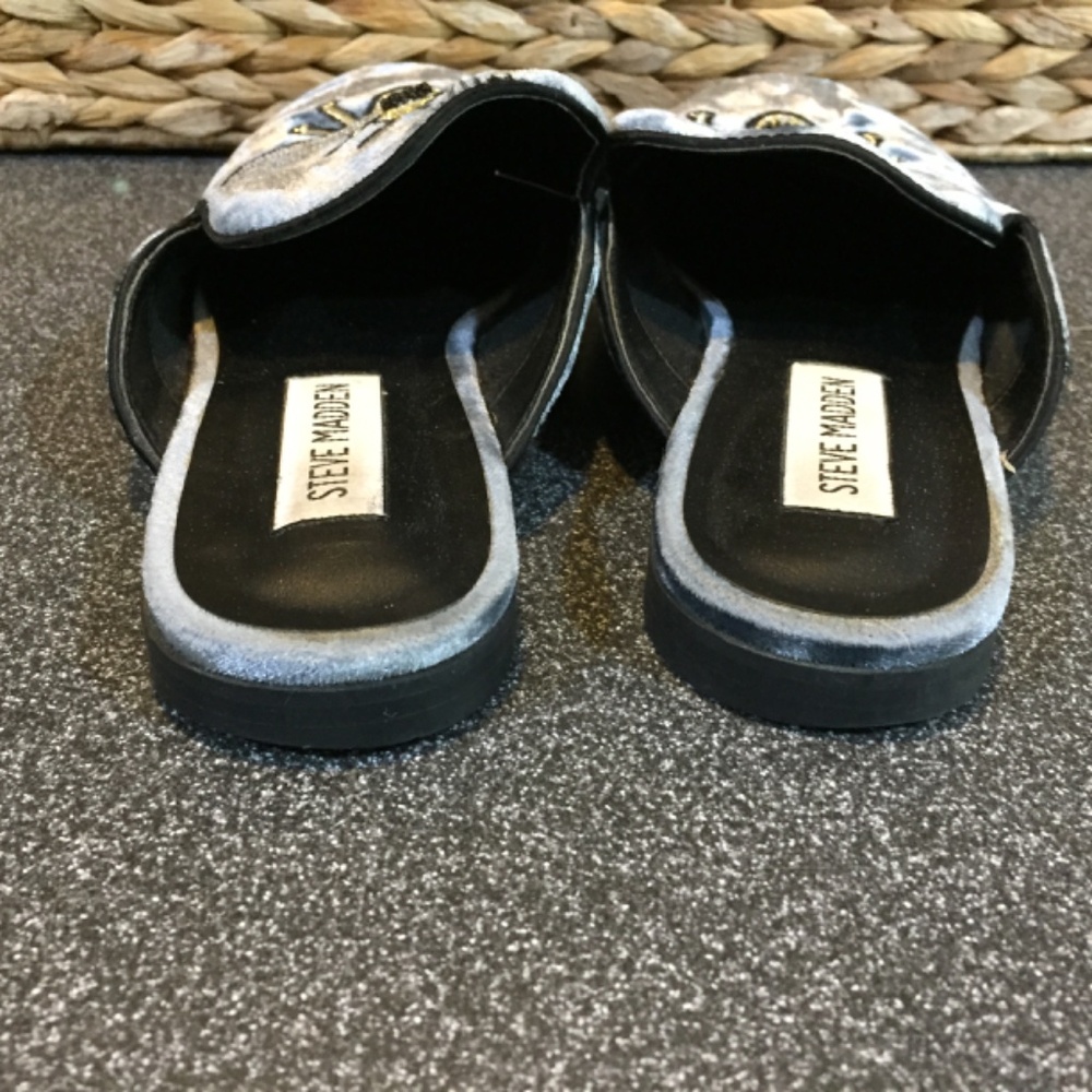 Steve Madden Blue-Gray and Gold Bee Embroidered Loafers - Picture 14 of 15